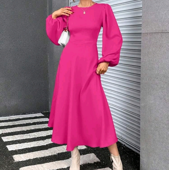 Women's Elegant Round Neck Solid Color Long Sleeve Summer Dress - Picture 3 of 4
